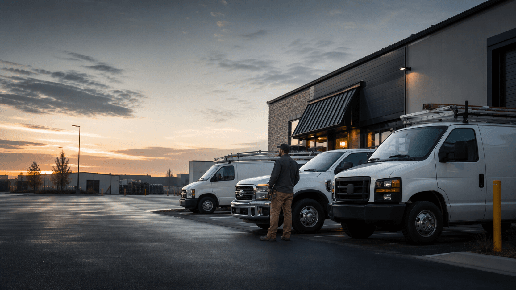 Service vans and pickup trucks outside a business