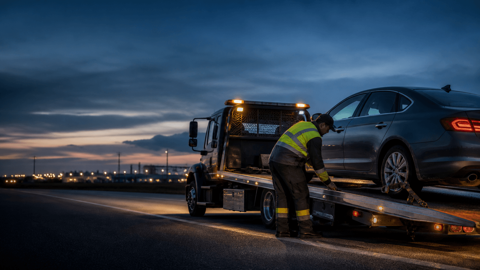 Tow operator securing a vehicle on a flatbed truck