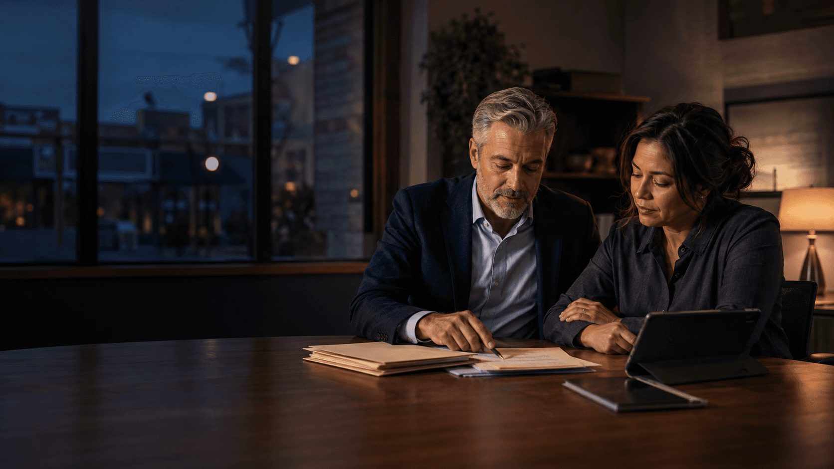 Insurance advisor and business owner reviewing coverage details