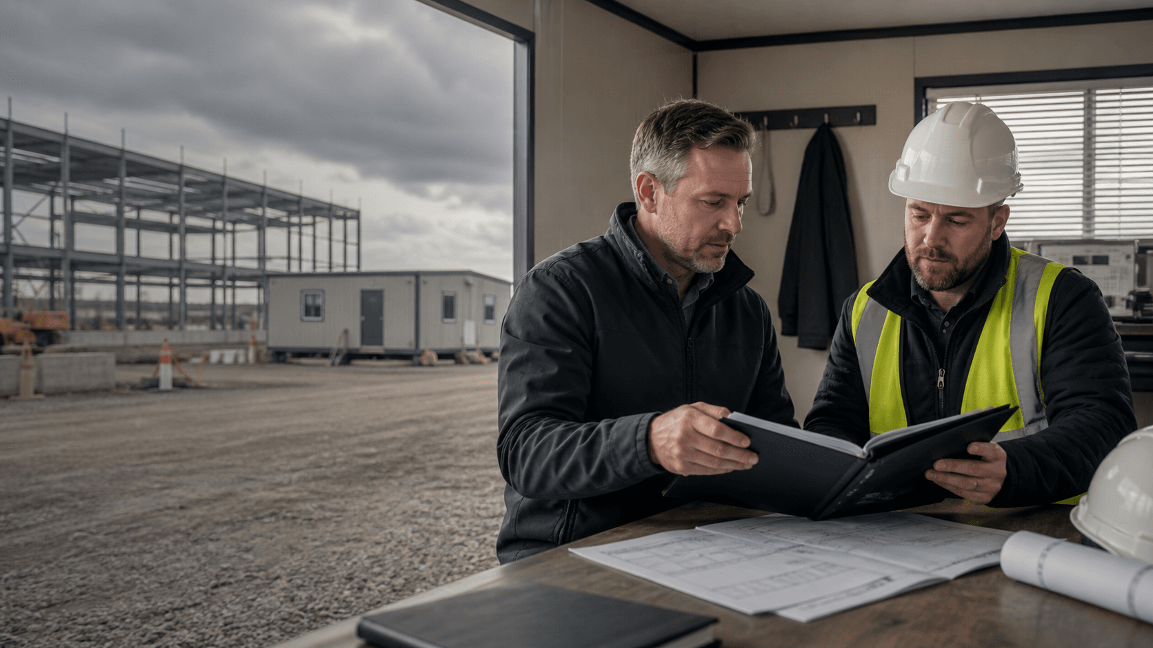 Contractor and project owner reviewing a contract