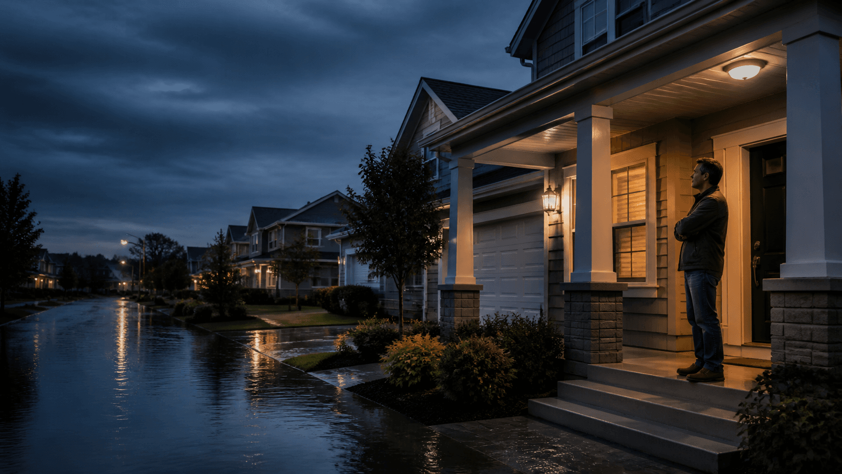 Homeowner outside a house after steady rain