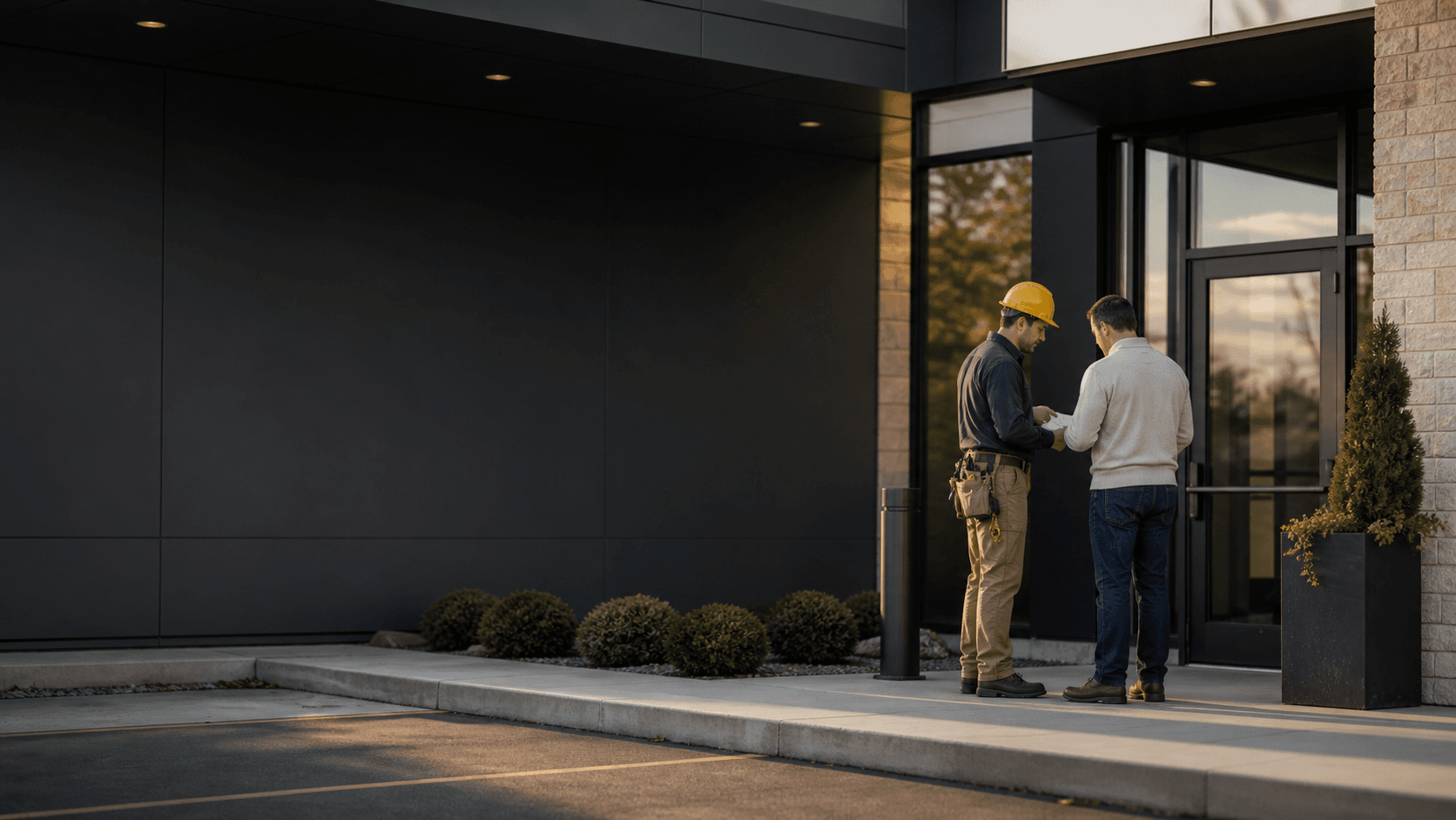 Service professional meeting a client at a commercial building