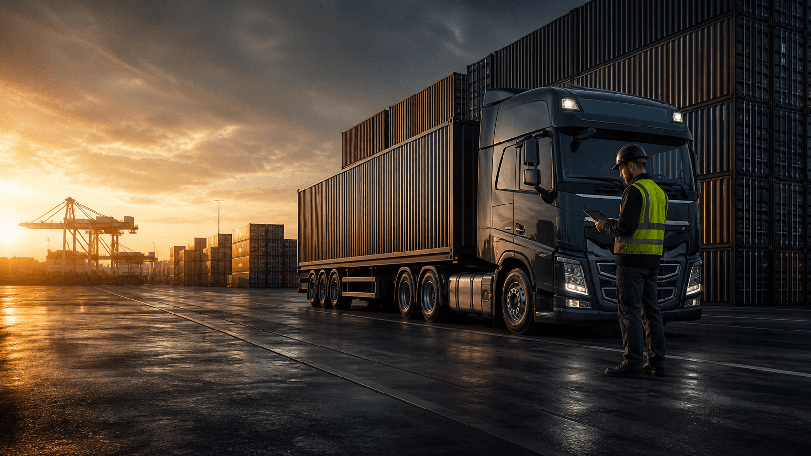Freight truck and logistics supervisor at a container terminal